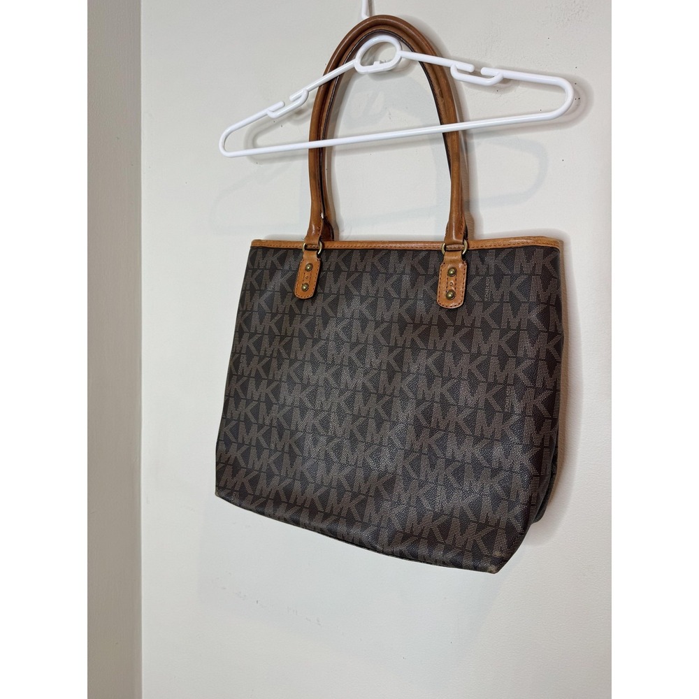 Michael Kors Tote Bag Womens Large Brown PVC Leather Shoulder Zip MK Logo Pocket - Picture 7 of 11